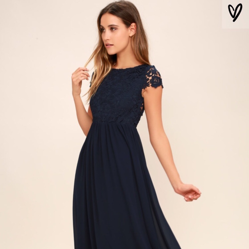 The Greatest Navy Blue Lace Maxi Dress (Lulu’s)